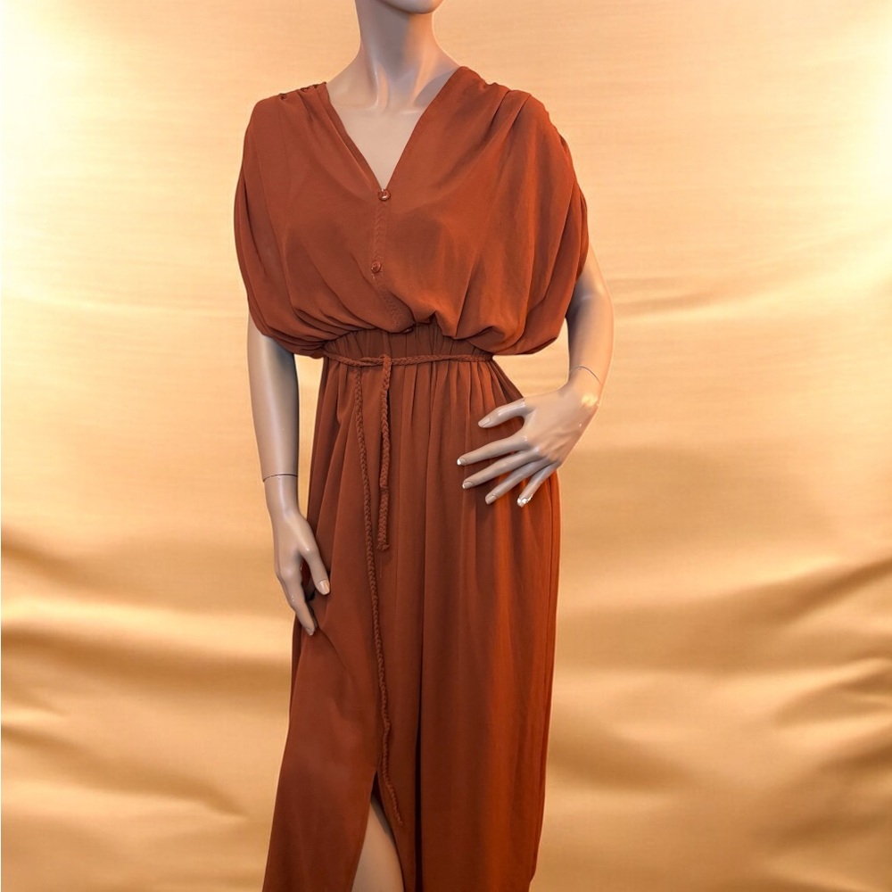 Rust Boho Draped Maxi Dress – Braided Detail • Slit • NWT
